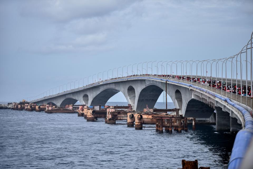 The newly opened Sinamale Bridge – formerly known as the China-Maldives Friendship Bridge after a major funding input from China – in the Maldives capital Male. (Photo: Getty Images)