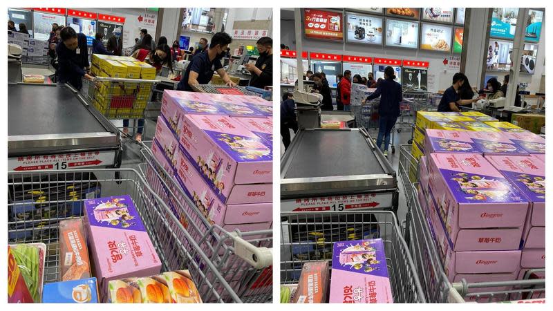 一名女網友就曝光前方客人買了3大車同款飲料。（翻攝自Costco好市多 商品經驗老實說）