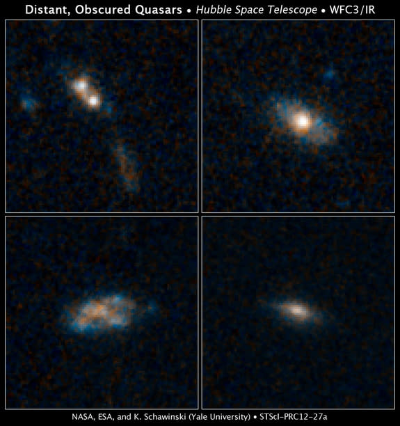 Three of these galaxies (top right, bottom left, and bottom right) are normal and show no signs of past collisions, while the top left galaxy's irregular shape suggests it collided with a neighbor, in these photos from the Hubble Space Telescope.