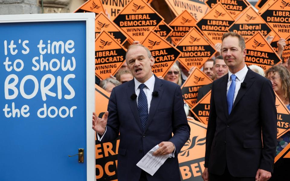 Sir Ed Davey is pictured attending a victory rally in Tiverton this morning - Paul Childs/Reuters