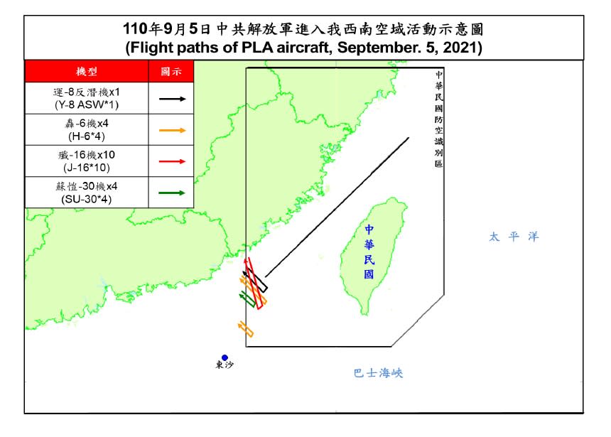 9/5解放軍進入我西南空域活動示意圖。   圖: 國防部/提供