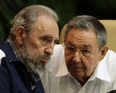 Fidel Castro and Raul Castro, speak during the closing ceremony of the sixth Cuban Communist Party congress in Havana April 19, 2011. REUTERS/Desmond Boylan