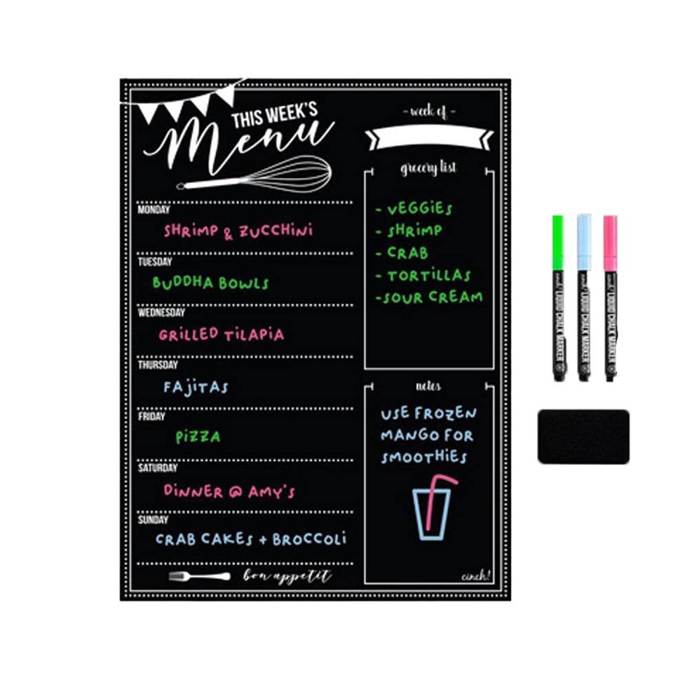 Magnetic Dry Erase Menu Board for Fridge with 3 Bright Neon Chalk Markers