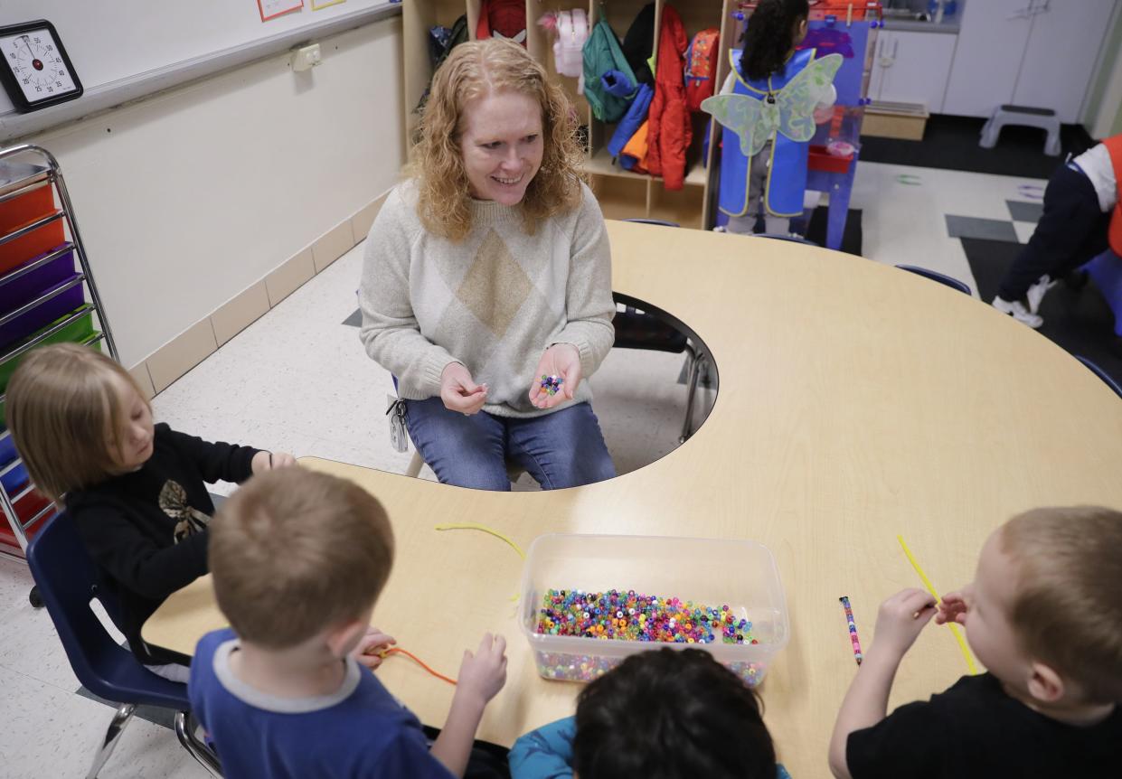 Classroom aide April Fisher woks with 3-5 year old students during an UW Oshkosh Head Start preschool class on Thursday, April 4, 2024 at Community Early Learning Center in Appleton, Wis. UW Oshkosh Head Start is a free preschool program, serving Outagamie, Shawano, Calumet and Winnebago Counties.
Wm. Glasheen USA TODAY NETWORK-Wisconsin