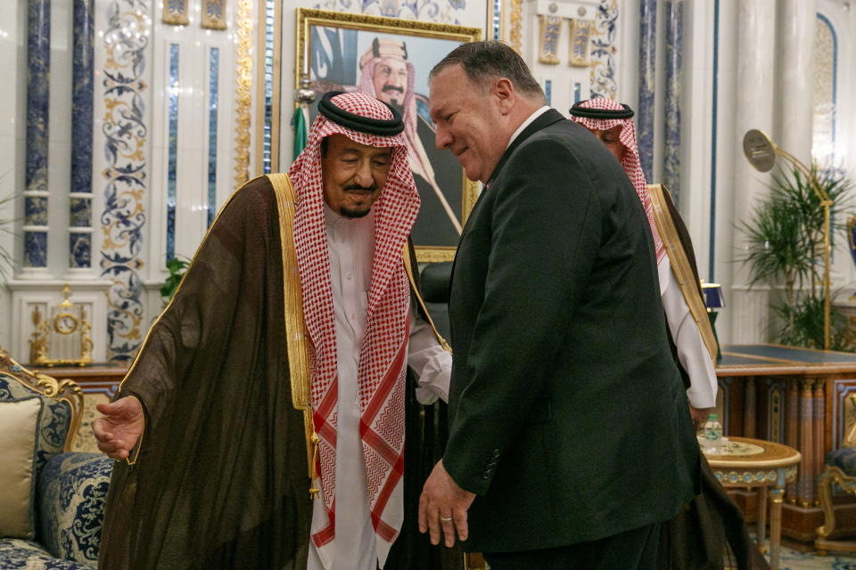 U.S. Secretary of State Mike Pompeo, right, meets with King Salman at Al Salam Palace in Jeddah, Saudi Arabia, Monday, June 24, 2019. Pompeo is conducting consultations during a short tour of the Middle East, including visits to Saudi Arabia and United Arab Emirates. (AP Photo/Jacquelyn Martin, Pool)