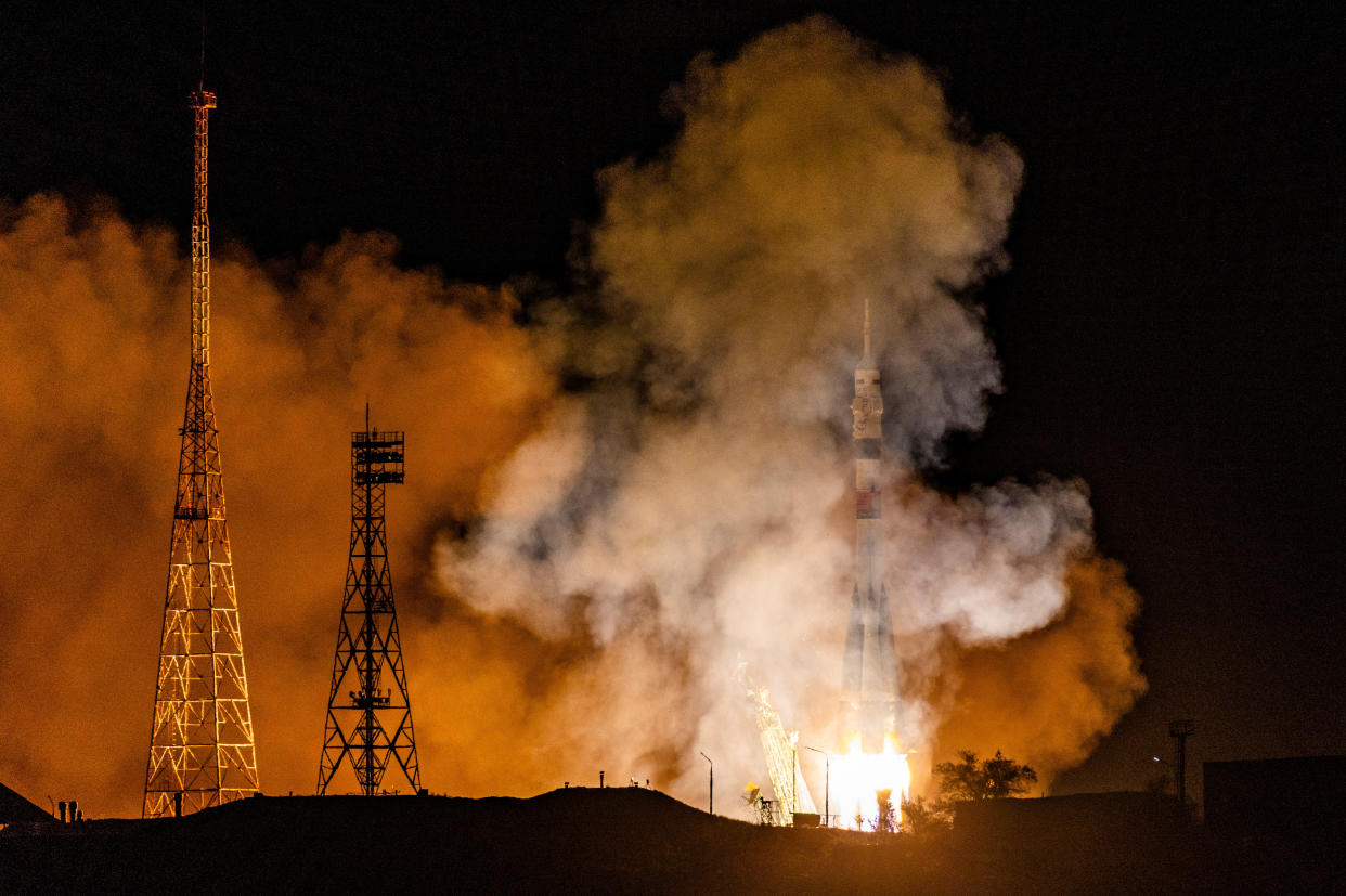 The Soyuz MS-24 spacecraft carrying the crew formed of NASA astronaut Loral O'Hara, Roscosmos cosmonauts Oleg Kononenko and Nikolai Chub blasts off to the International Space Station (ISS) from the launchpad at theÂ BaikonurÂ Cosmodrome, Kazakhstan September 15, 2023. (Maxim Shemetov/Reuters)