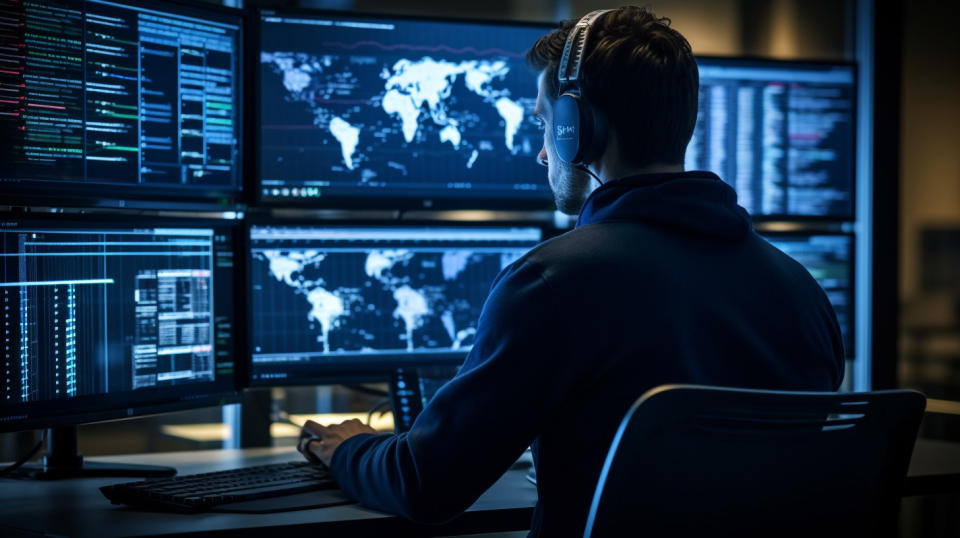 A thought leader in a control room monitoring the digital audio coding of a media application.