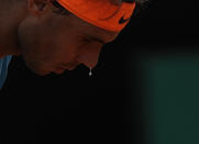 Rafael Nadal of Spain sweats during his final match against Novak Djokovic of Serbia at the Italian Open tennis tournament, in Rome, Sunday, May 19, 2019. (AP Photo/Gregorio Borgia)