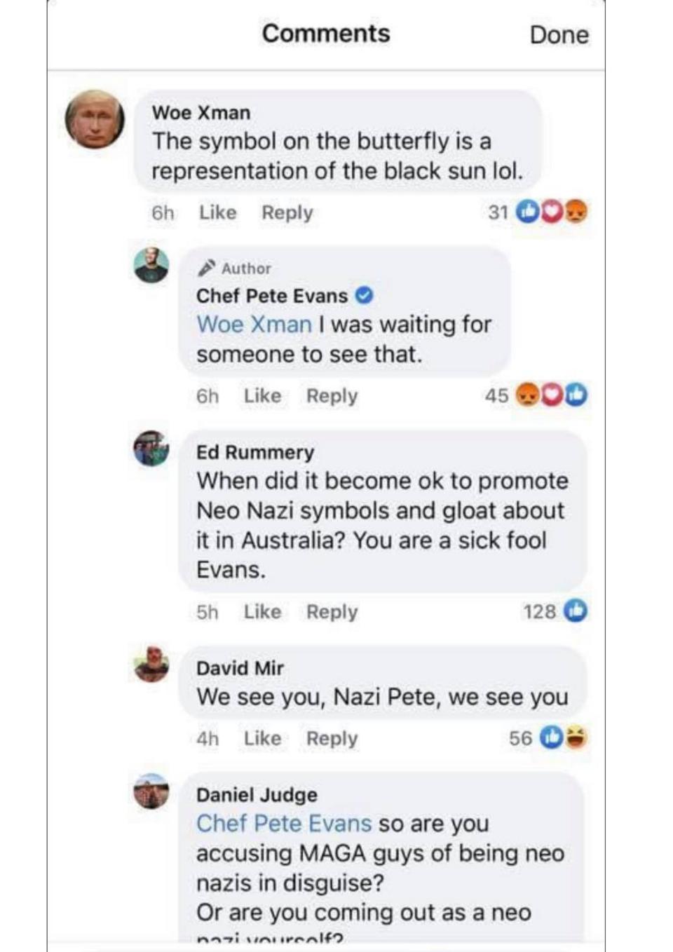 Screenshot of Pete Evans replying to comments on Facebook