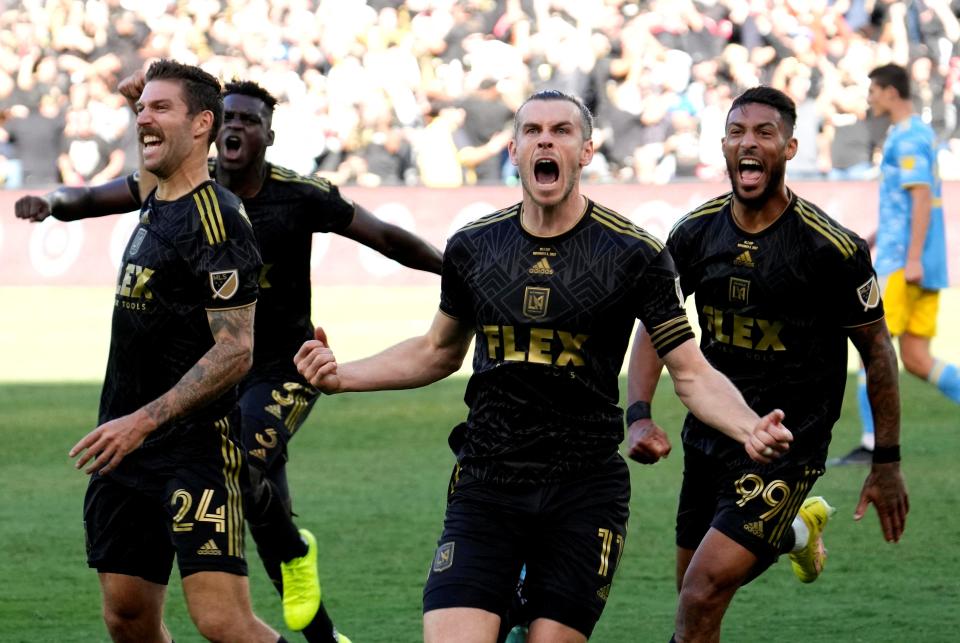 Gareth Bale celebrates after scoring for LAFC against the Philadelphia Union during extra time in the MLS Cup last week (USA TODAY Sports)