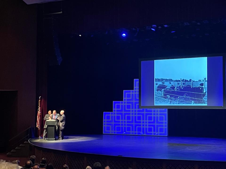 Chandler Mayor Kevin Hartke is pulled off stage in an abduction skit during his 2023 State of the City address at Chandler Center for the Arts on Feb. 16, 2023.