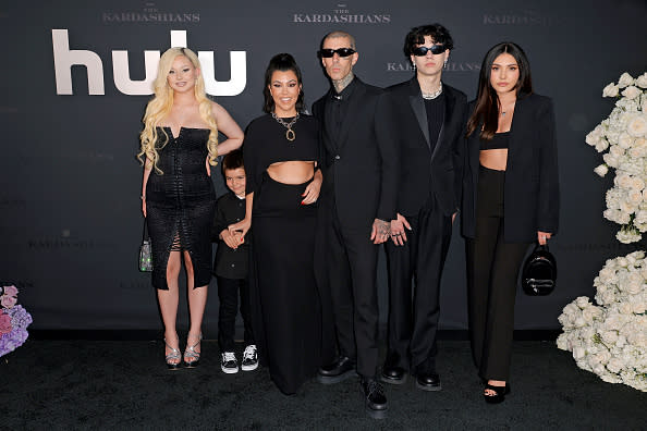 LOS ANGELES, CALIFORNIA - APRIL 07: (L-R) Alabama Barker, Reign Disick, Kourtney Kardashian, Travis Barker, Landon Barker and Atiana De La Hoya attend the Los Angeles premiere of Hulu's new show "The Kardashians" at Goya Studios on April 07, 2022 in Los Angeles, California. (Photo by Frazer Harrison/Getty Images for ABA)