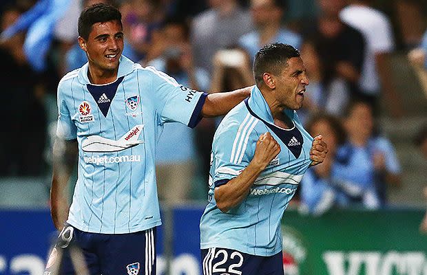 Abbas celebrates the match-sealing penalty. Source: Getty