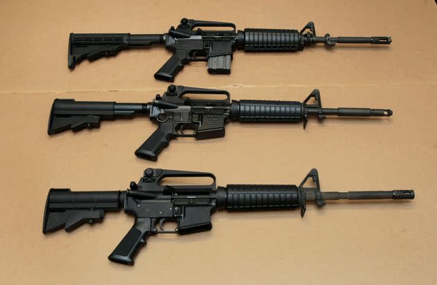 Three variations of the AR-15 assault rifle are displayed at the California Department of Justice in Sacramento, California. 