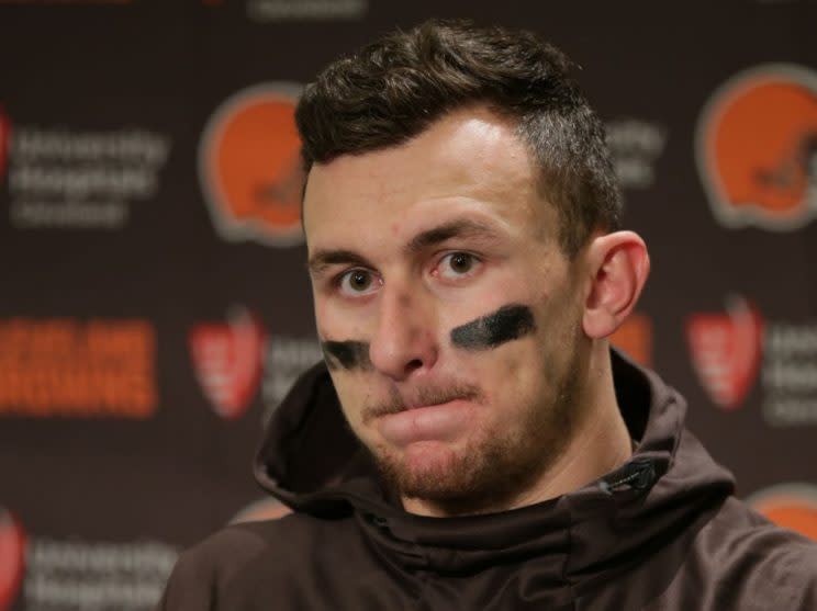 <em>Former Cleveland Browns quarterback Johnny Manziel speaks with media members following the team’s 30-13 loss to the Seattle Seahawks. (AP Photo/Scott Eklund, File)</em>