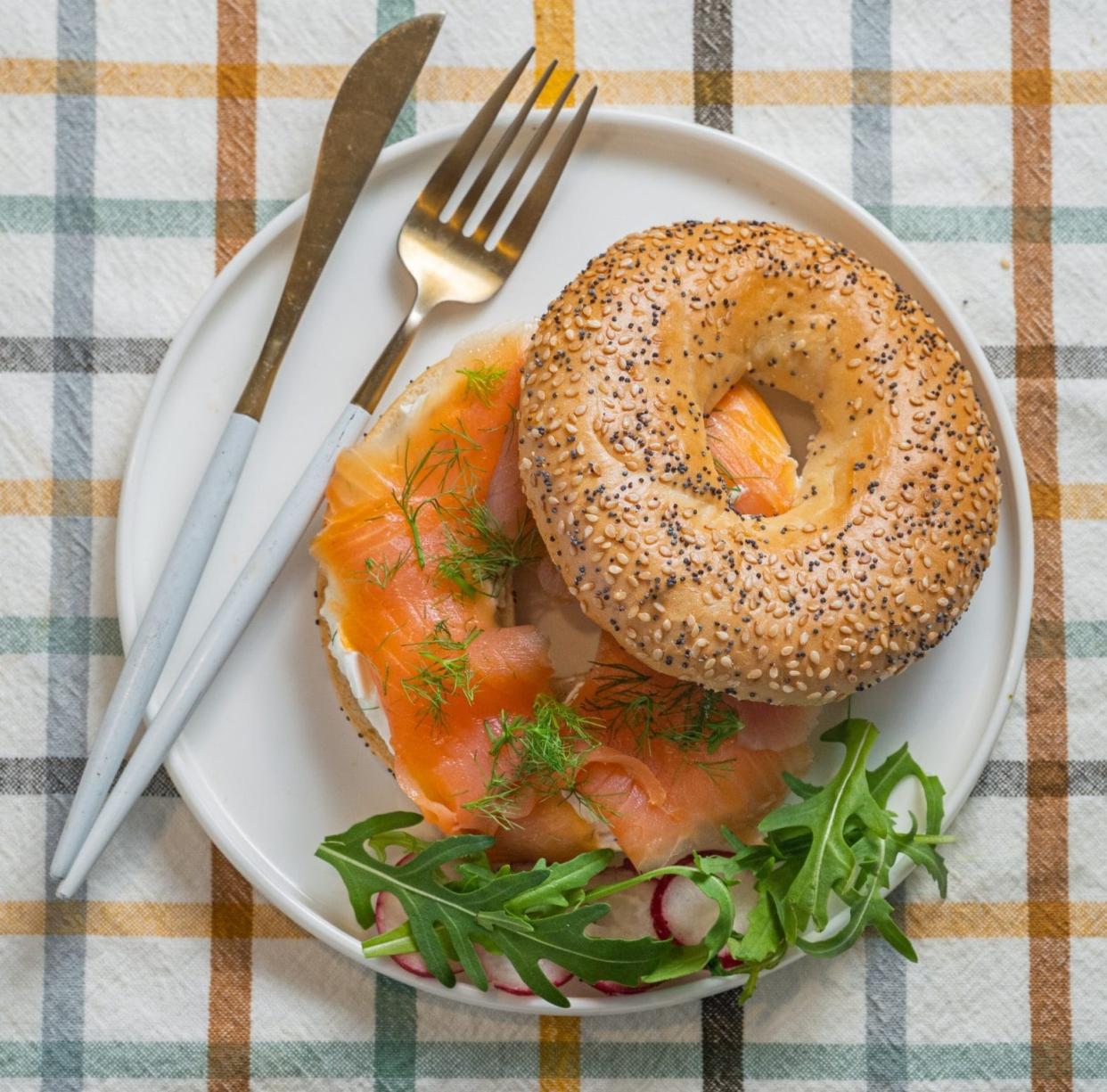 A wholegrain bagel with cream cheese is an easy and tasty brunch option