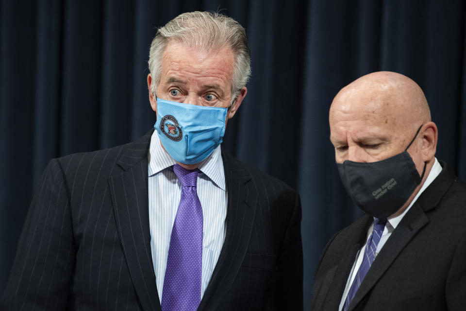 UNITED STATES - FEBRUARY 10: Chairman Richard Neal, D-Mass., left, and ranking member Rep. Kevin Brady, R-Texas, arrive for a House Ways and Means Committee markup in Longworth Building on COVID-19 relief measures on Wednesday, February 10, 2021. (Photo By Tom Williams/CQ-Roll Call, Inc via Getty Images)