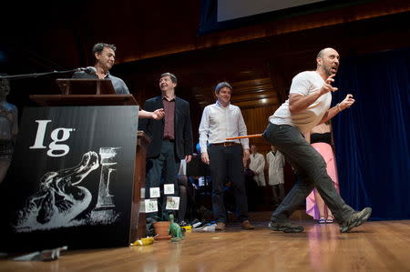 Bruno Grossi (R), walks like a dinosaur as he and his team accept the Ig Nobel Prize in Biology for observing that when you attach a weighted stick to the rear end of a chicken, it then walks in a manner similar to that in which dinosaurs are thought to have walked, at the 25th First Annual Ig Nobel Prizes awards ceremony at Harvard University in Cambridge, Massachusetts September 17, 2015. REUTERS/Gretchen Ertl