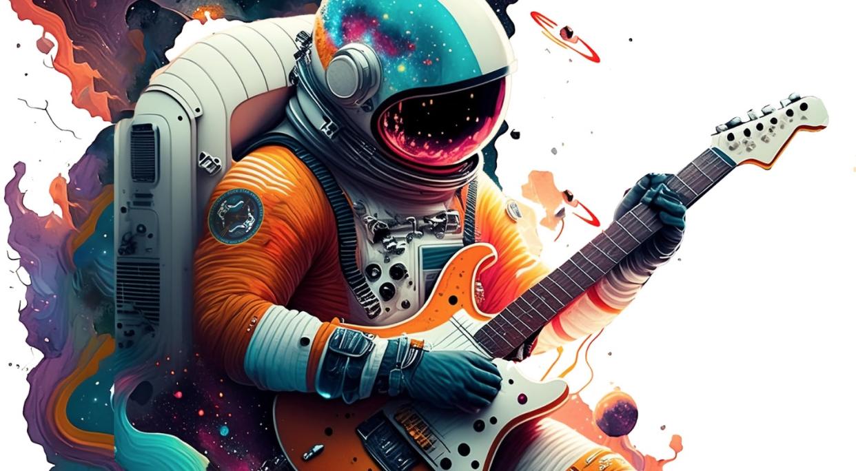  A colorful astronaut plays an electric guitar. 