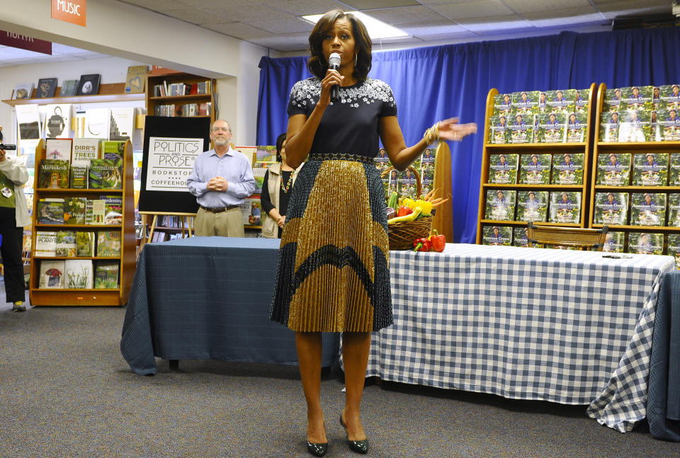 US First Lady Michelle Obama speaks during a book signing event of her book 'American Grown: The Story of the White House Kitchen Garden and Gardens Across America,' at Politics & Prose in Washington, DC, on May 7, 2013. Photo credit:  JEWEL SAMAD/AFP/Getty Images