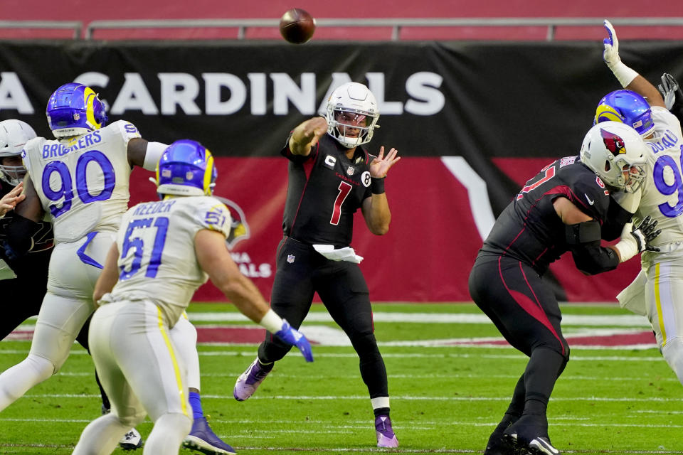 Arizona Cardinals quarterback Kyler Murray (1) throws against the Los Angeles Rams during the first half of an NFL football game, Sunday, Dec. 6, 2020, in Glendale, Ariz. (AP Photo/Rick Scuteri)