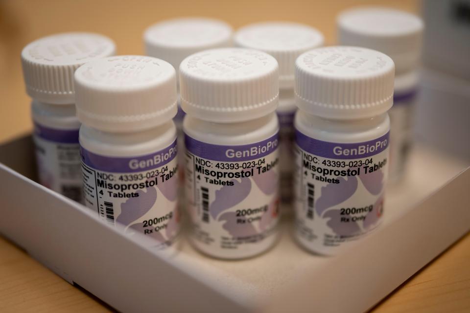 Misoprostol tablets sit on Dr. Sarah TraxlerÕs desk in her office at the Planned Parenthood clinic in Ames, Thursday, July 18, 2024.