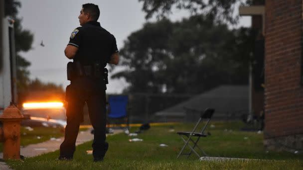 PHOTO: Police is on the scene of a mass shooting incident at 800 block of Gretna Court in the Southern District, in Baltimore, on July 2, 2023. (Kyle Mazza/Associated Press)