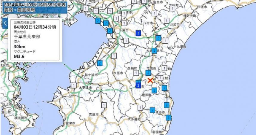 日本千葉縣東北部發生規模3.6地震，最大震度3級。（圖／翻攝自日本氣象廳）