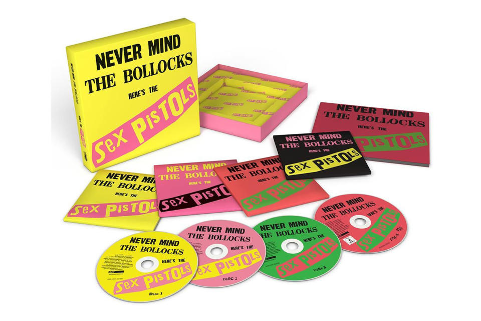 <p>The most famous punk album gets the deluxe reissue treatment again, as a three-CD, one-DVD set featuring the original album, a disc of outtakes, a disc of live material, and video of the band playing live at various locations, including their famed Silver Jubilee boat party on the River Thames. It’s packaged with a 48-page booklet with liner notes from journalist Pat Gilbert and photos by Bob Gruen and others. The Pistols didn’t release much material during their initial run, so fans will cherish the outtakes featured on this set. $51. (Photo: Warner Bros. Records) </p>