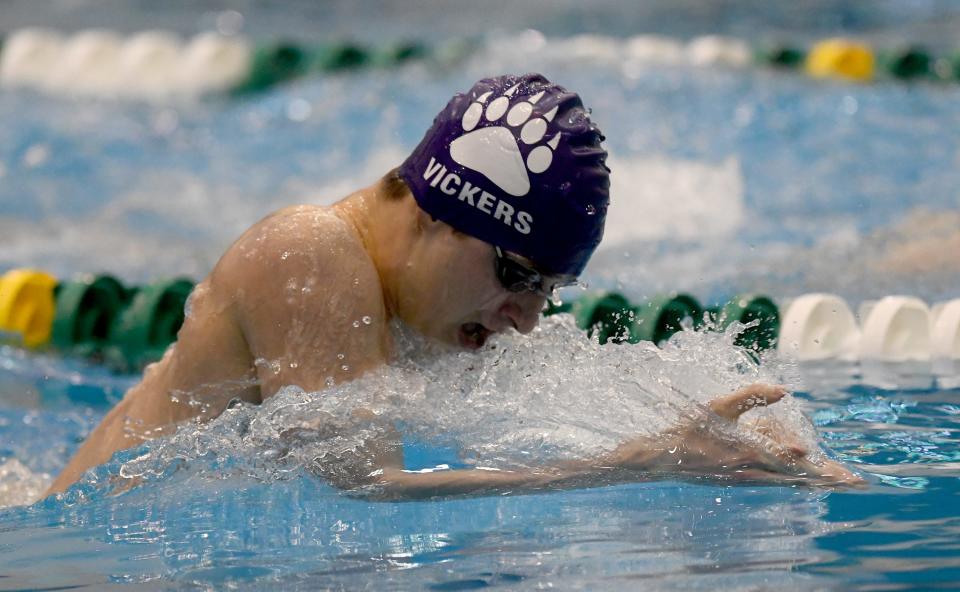 Jackson’s Luke Vickers competes in the boys 200-yard IM in the Division I district meet at Cleveland State, Saturday, Feb. 17, 2024.