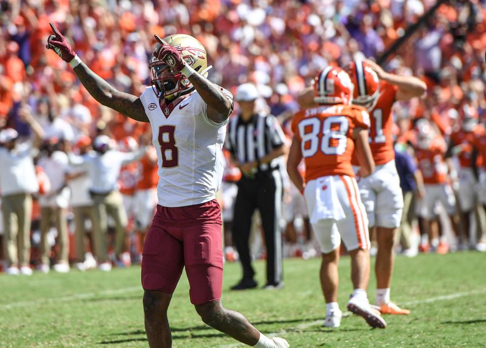 Florida State University defensive back Renardo Green (8) reacts after Clemson kicker Jonathan Weitz misses a field goal in the fourth quarter against Florida State Sep 23, 2023; Clemson, South Carolina, USA; at Memorial Stadium.