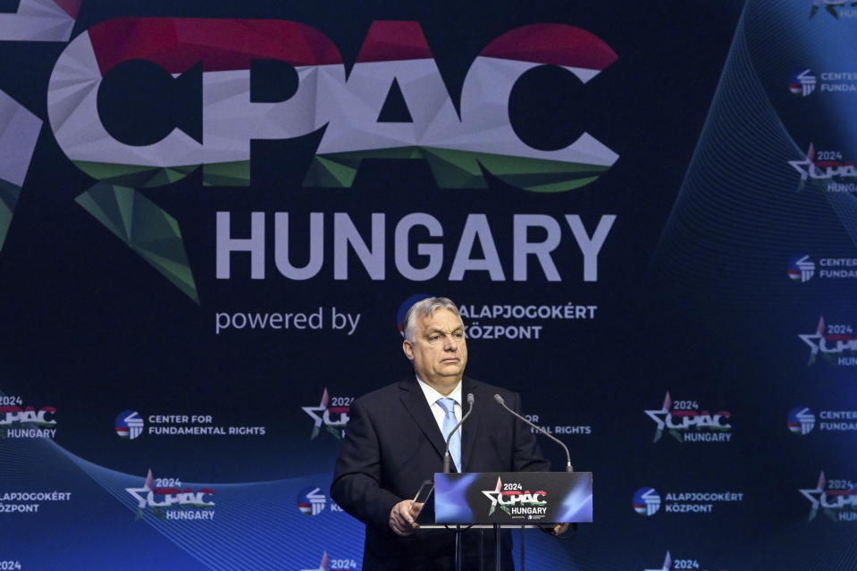 Hungarian Prime Minister Viktor Orban delivers his address at the third Hungarian edition of the Conservative Political Action Conference, CPAC Hungary, in Budapest, Hungary, Thursday, April 25, 2024. (Szilard Koszticsak/MTI via AP)