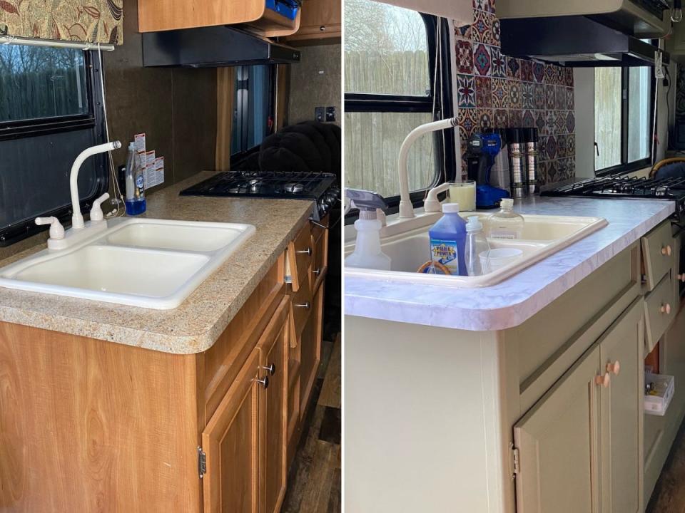 Before-and-after images of her camper's kitchen countertops.