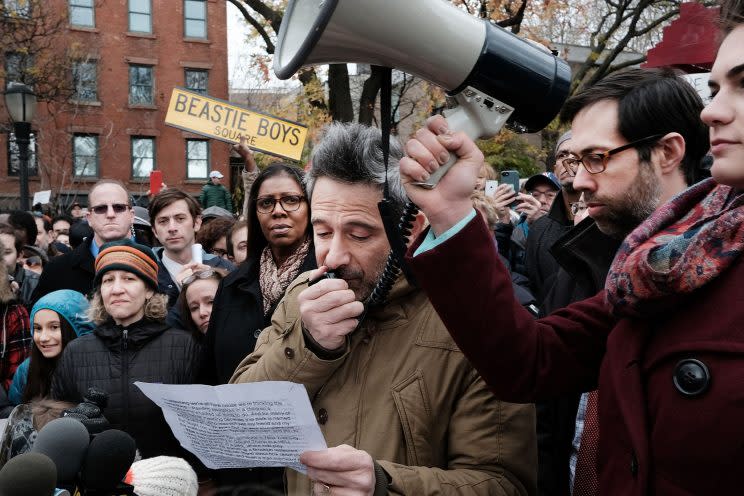 Beastie Boys member Adam Horovitz speaks at a anti-hate rally at Adam Yauch Park in Brooklyn on Sunday. (Photo: Spencer Platt/Getty Images)