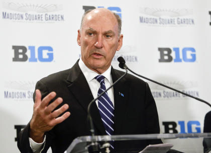 Jim Delany, Commissioner of the Big Ten Conference speaks during a news conference to announce a partnership with Madison Square Garden Tuesday, Dec. 9, 2014, in New York. (AP Photo/Frank Franklin II)