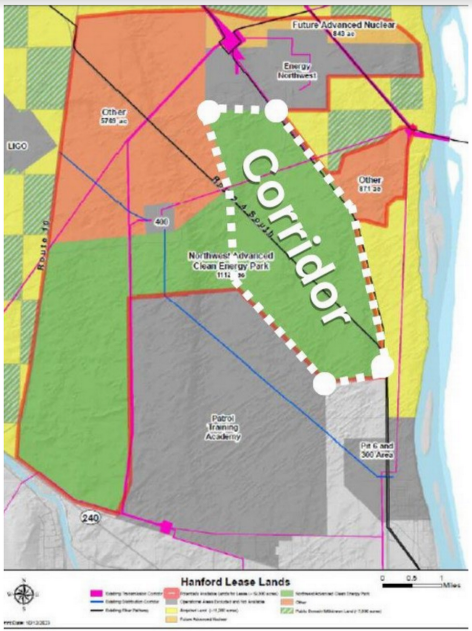 Green areas on this map of Hanford land just north of Richland show the land most important for Tri-Cities development, particularly the area marked as “Corridor,” according to the Tri-City Development Council.