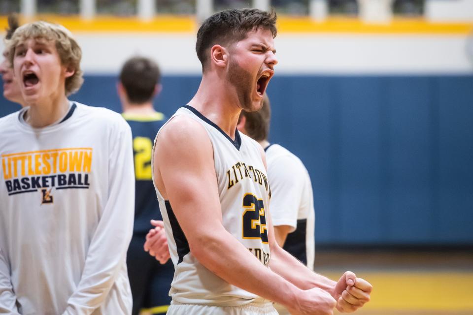 Littlestown's Jake Bosley celebrates after the Bolts defeated Eastern York, 75-63, in a PIAA District 3 Class 4A quarterfinal game on Thursday, Feb. 24, 2022, in Littlestown.