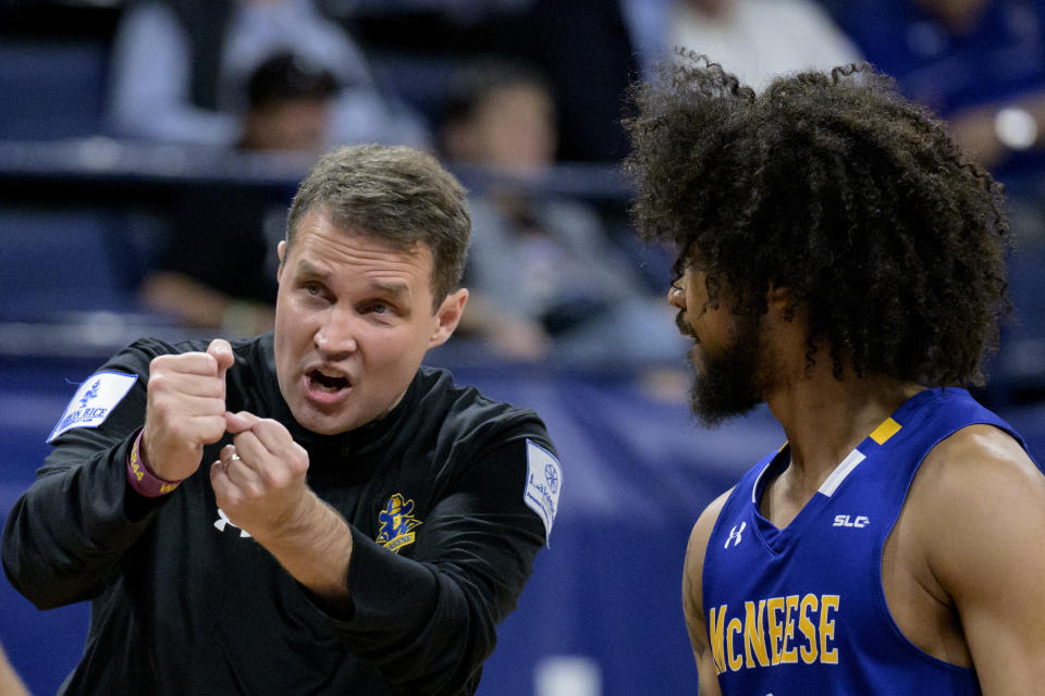 McNeese State coach Will Wade reacts during the team's NCAA college basketball game against New Orleans in New Orleans, Wednesday, March 6, 2024. Wade was suspended for the first 10 games of the 2023–24 season by the NCAA but the team went to a 28-3 record and finished first in the Southland Conference. (AP Photo/Matthew Hinto