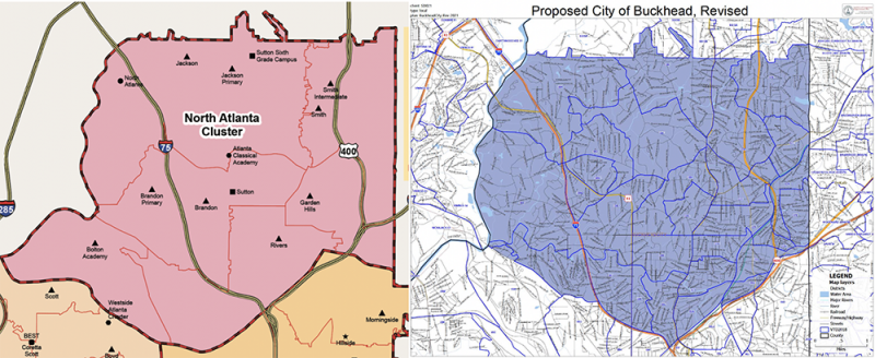 On the left is the current North Atlanta cluster of schools. On the right is a map of the proposed city limits of Buckhead. (Atlanta Public Schools; Buckhead City Committee)