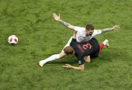 <p>Kieran Trippier duels for the ball with Ivan Strinic </p>