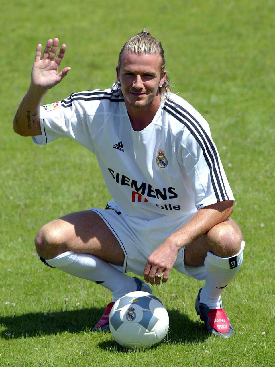 **Embargoed until 0001 May 2, 2020** File photo dated 02-07-2003 of Real Madrid's David Beckham stands in his new kit at the club's training ground, the Pebellon Raimundo Saporta Stadium in Madrid.