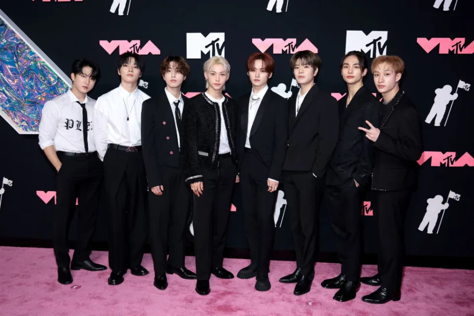 Stray Kids arrive at the MTV Video Music Awards 2023. (Dimitrios Kambouris/Getty Images)