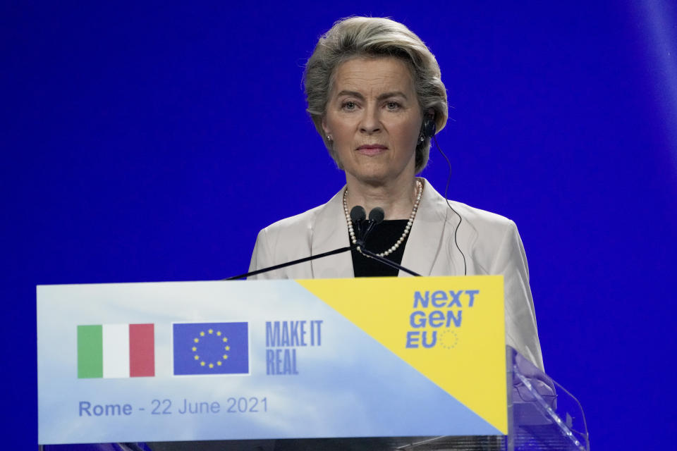 European Commission President Ursula meets the media during a joint news conference with Italian Premier Mario Draghi, at the Cinecitta' studios in Rome, Tuesday, June 22, 2021. (AP Photo/Andrew Medichini)