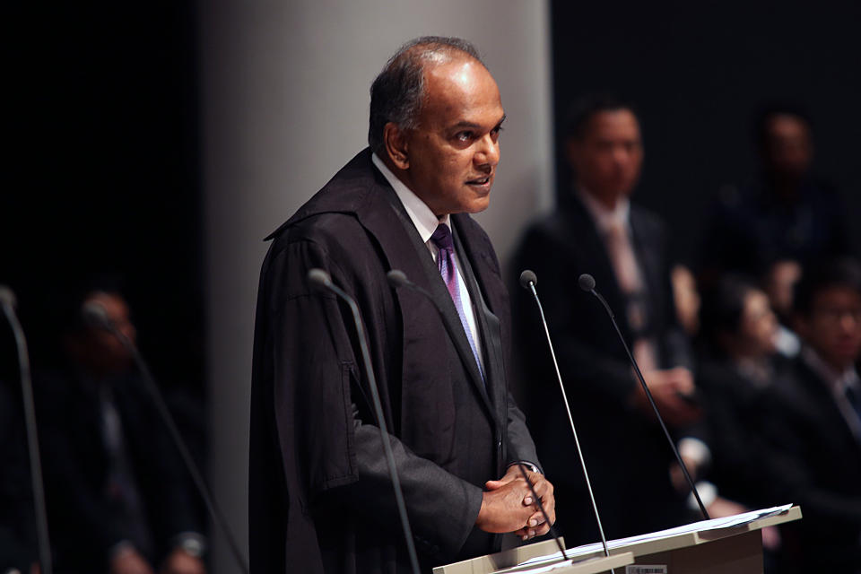 Home Affairs and Law Minister K. Shanmugam speaking at at the valedictory reference for retiring Judge of Appeal Chao Hick Tin on 27 September, 2017. PHOTO: Dhany Osman/Yahoo News Singapore