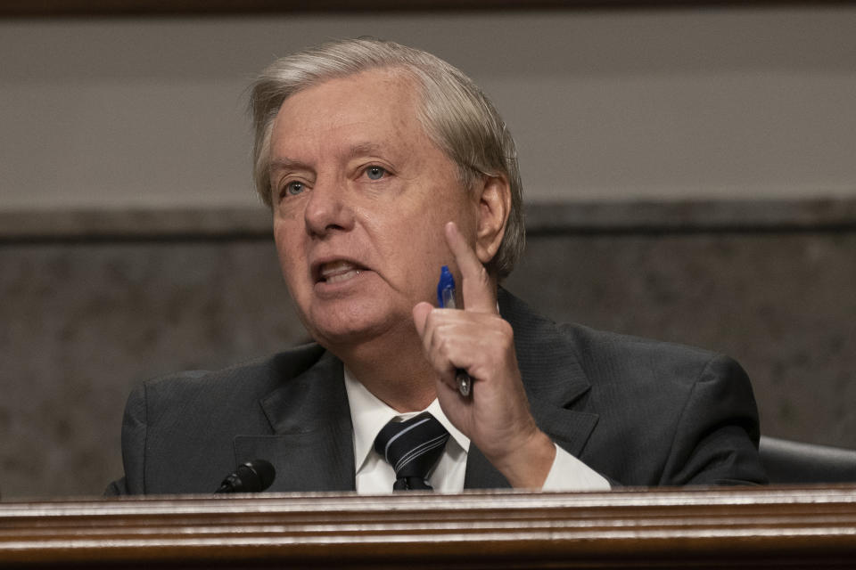 Senate Judiciary Committee Chairman Sen. Lindsey Graham, R-S.C., asks questions to former FBI Director James Comey, during an oversight hearing to examine the Crossfire Hurricane Investigation, Wednesday, Sept. 30, 2020 on Capitol Hill in Washington. Comey was before the committee virtually. (Ken Cedeno/Pool via AP)