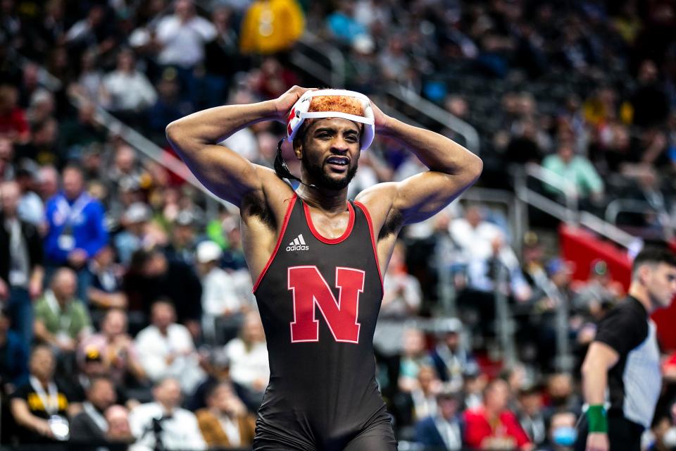 Nebraska's Chad Red reacts after losing a match at 141 pounds during the second session of the NCAA Division I Wrestling Championships, Thursday, March 17, 2022, at Little Caesars Arena in Detroit, Mich.