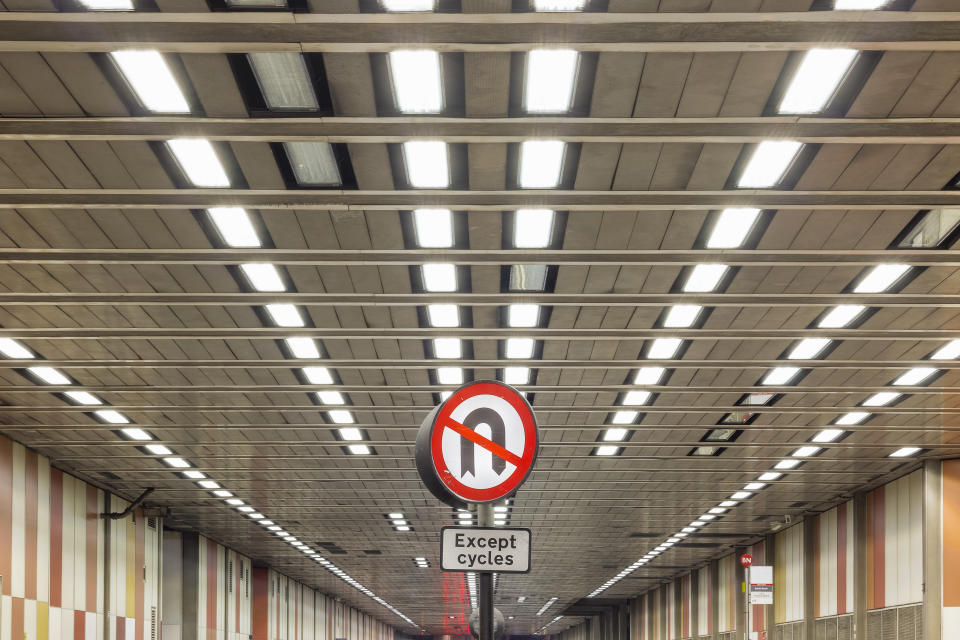 No U-Turn sign on Beech Street tunnel in Barbican, City of London