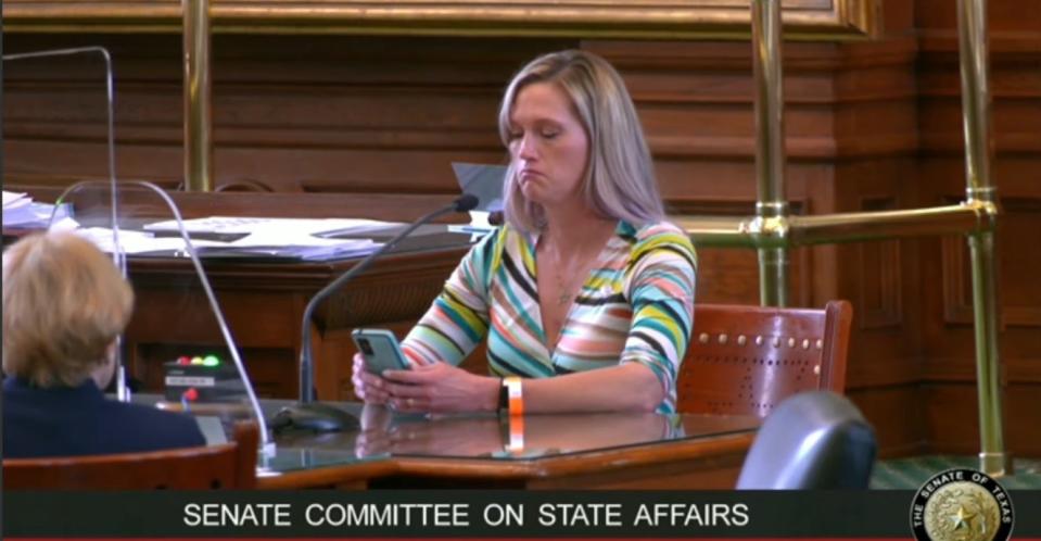 <p>Amber Briggle speaking at the Texas Senate Committee on State Affairs against four bills that would criminalise parents who support their transgender children</p> (Screengrab/ AmberBriggle youtube)