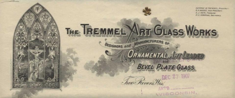 Business stationery letterhead of The Tremmel Art Glass Works, 1907.