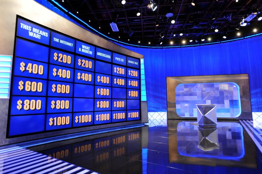 The set of “Jeopardy!” is pictured during the Million Dollar Celebrity Invitational Tournament in April 2010. (Photo by Amanda Edwards/Getty Images)